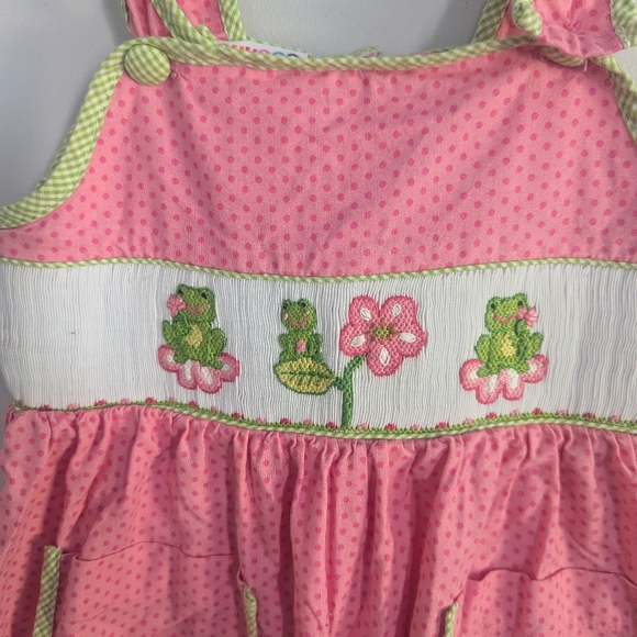 Girls Cukes Frog Polka Dot Jumpsuit 4T Pink Green Smocked - Picture 4 of 4